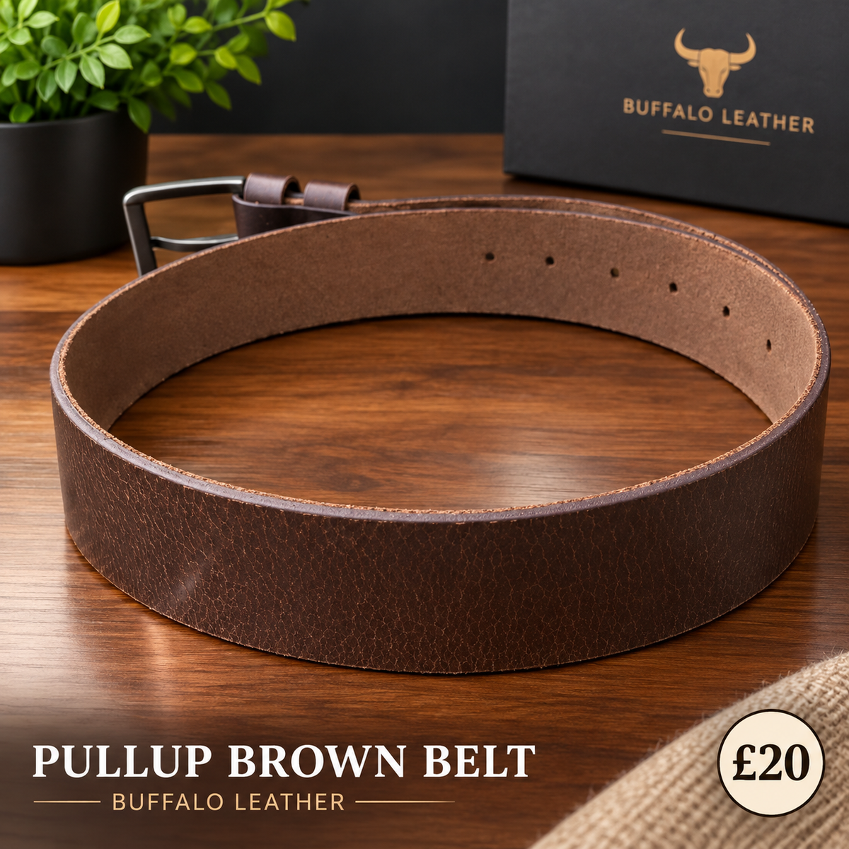 Men's Brown Pull-Up Leather Belt – Genuine Buffalo Leather, Classic Casual & Everyday Belt