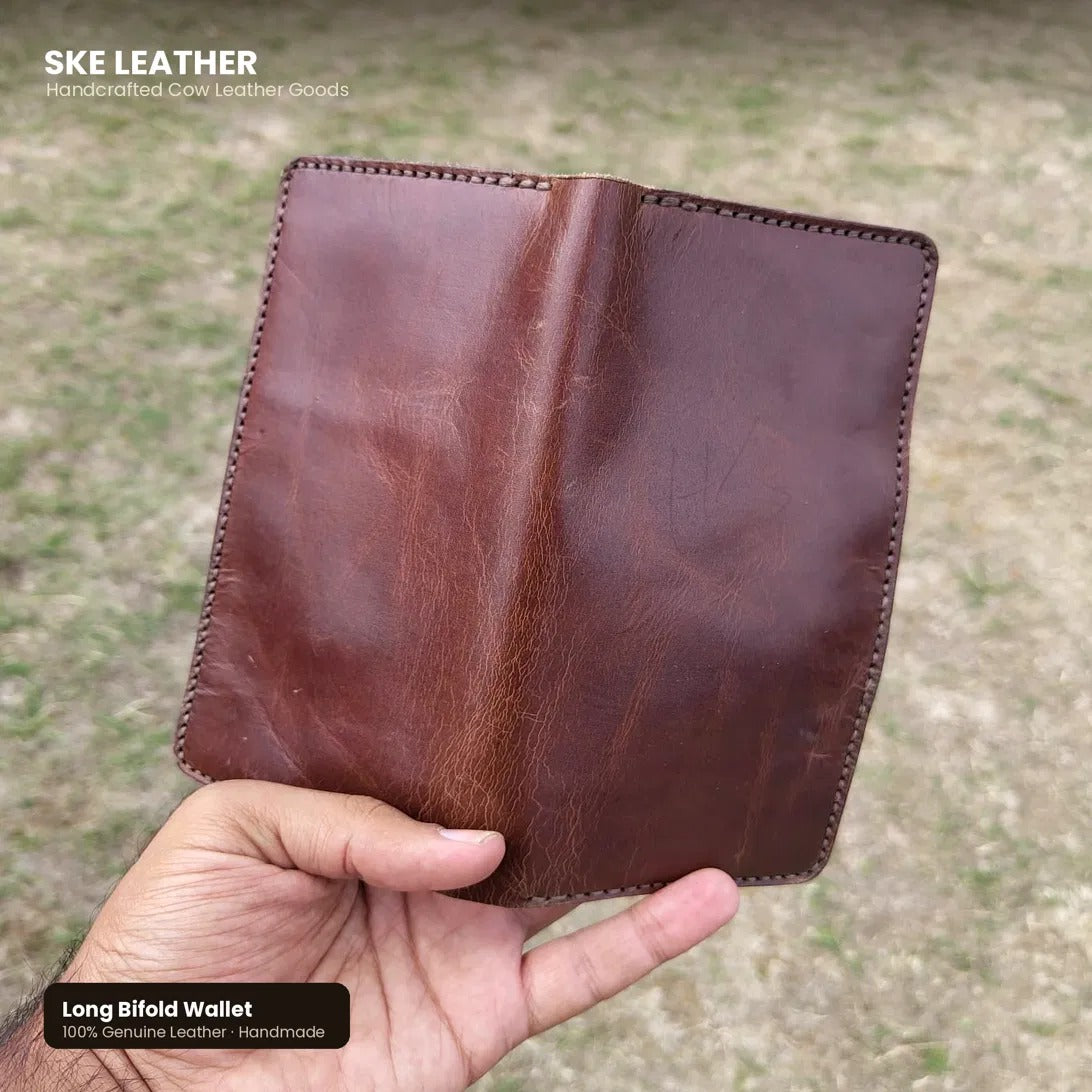 Men's Buffalo Leather Long Wallet – Handmade Genuine Leather Bifold with Coin Pocket & ID Window