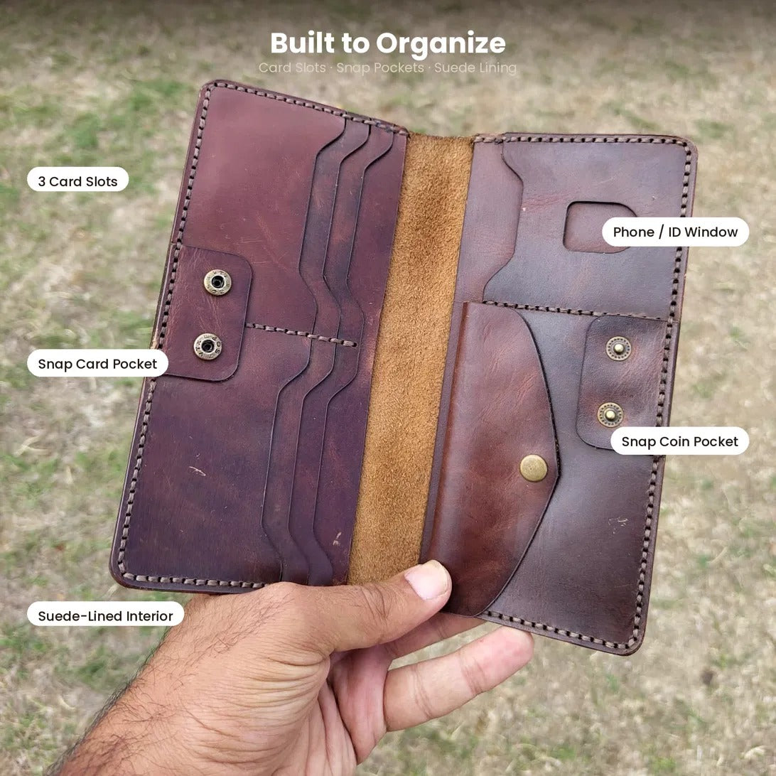 Men's Buffalo Leather Long Wallet – Handmade Genuine Leather Bifold with Coin Pocket & ID Window
