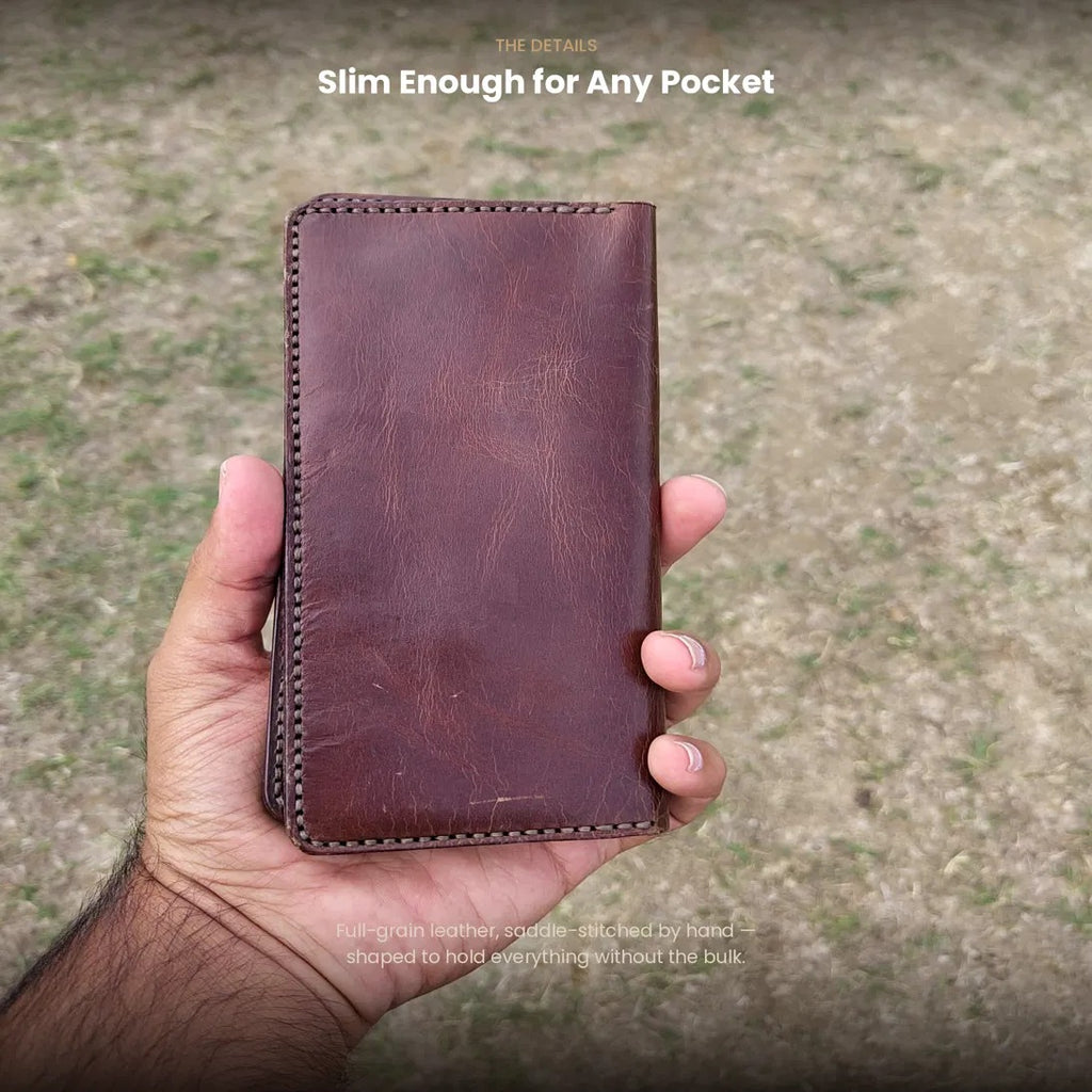 Men's Buffalo Leather Long Wallet – Handmade Genuine Leather Bifold with Coin Pocket & ID Window