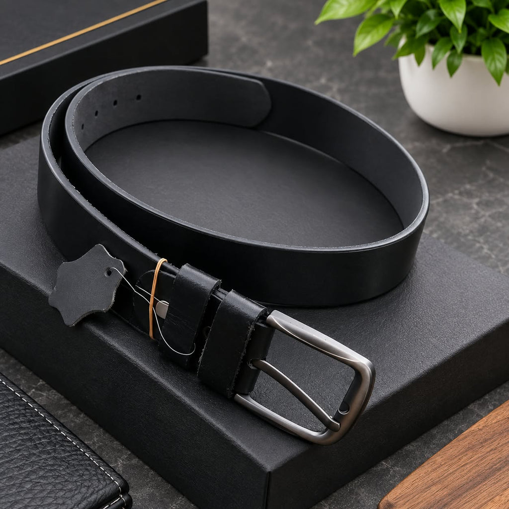 40mm Men's Black Pull-Up Leather Belt – Genuine Buffalo Leather, Classic Everyday Belt