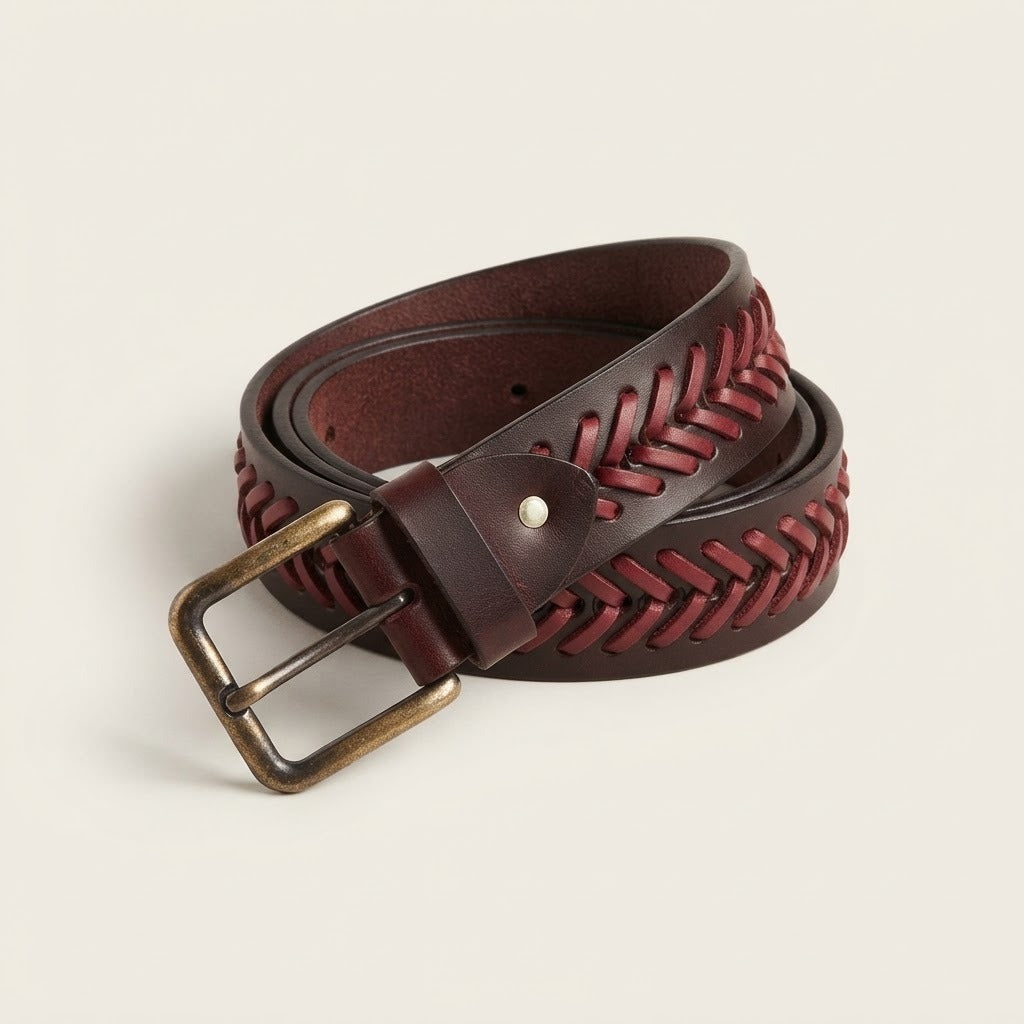 40mm Men's Braided Leather Belt – Antique Buckle, Handmade Casual Belt for Jeans & Chinos