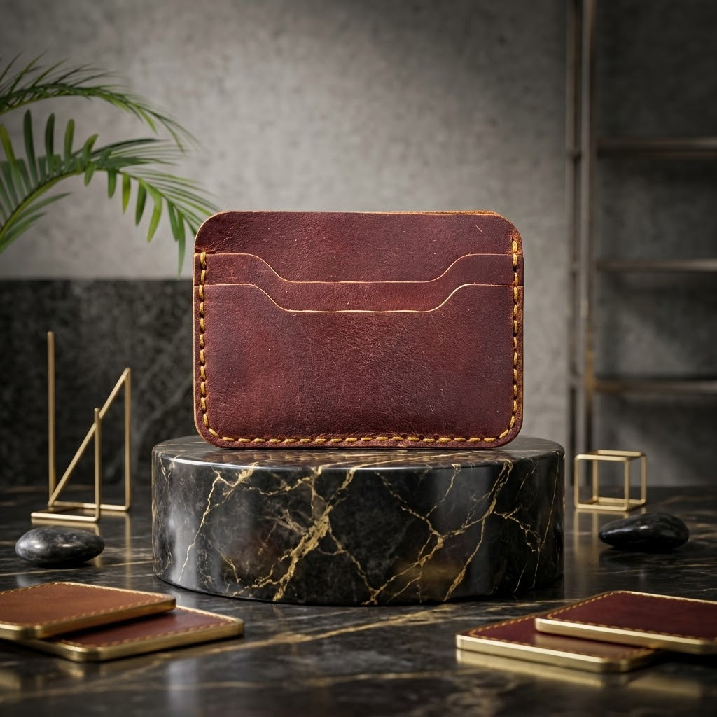 Reddish Brown Genuine Cow Leather Card Holder – Handcrafted Slim Card Case, Smooth Finish
