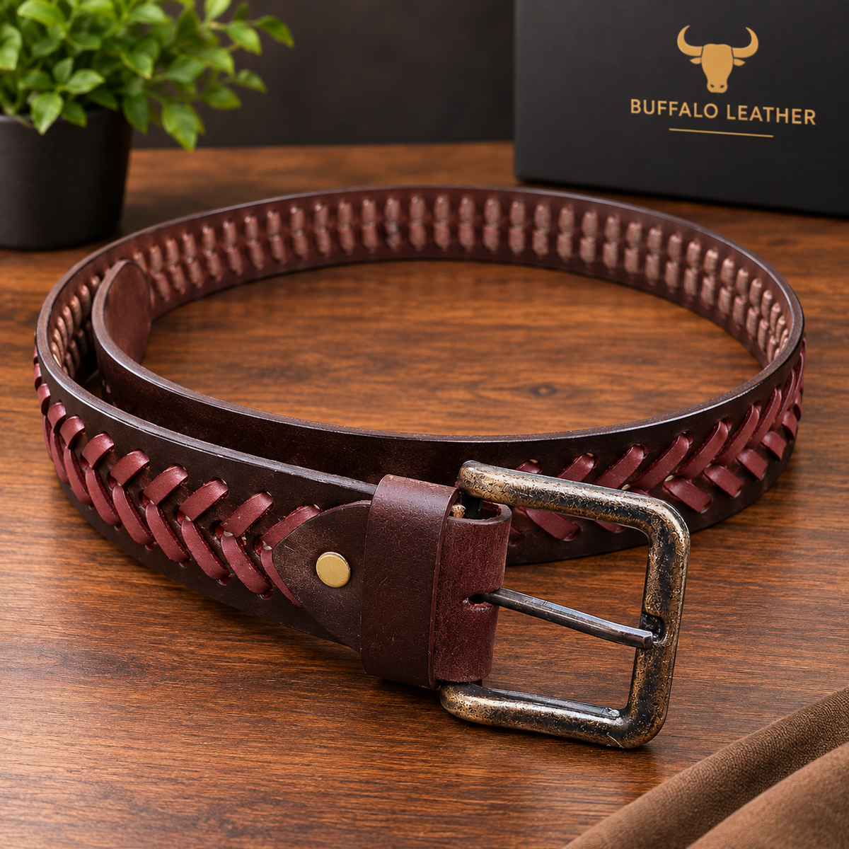 Men's Braided Leather Belt – Antique Buckle, Handmade Casual Belt for Jeans & Chinos